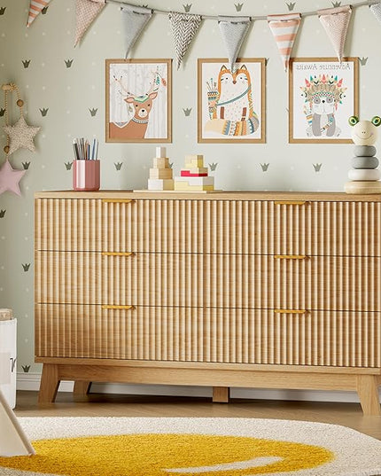 BORNOON 53" Long Dresser for Bedroom, 6-Drawer Dresser with Fluted Fronts, Wide Wood Chest of Drawers, Smooth Metal Slides, Stable Base, Modern Clothes Storage Cabinet for Living Room, Hallway