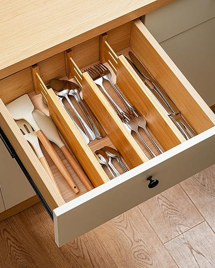 Fabsome Dresser Drawer Organizers 6 Pack, 4.65'' High Adjustable from 12.5-17‘’ Bamboo Drawer Dividers for Clothing Baby Clothes, Wooden Separators for Dresser Nursery Organization with Soft Foam Ends