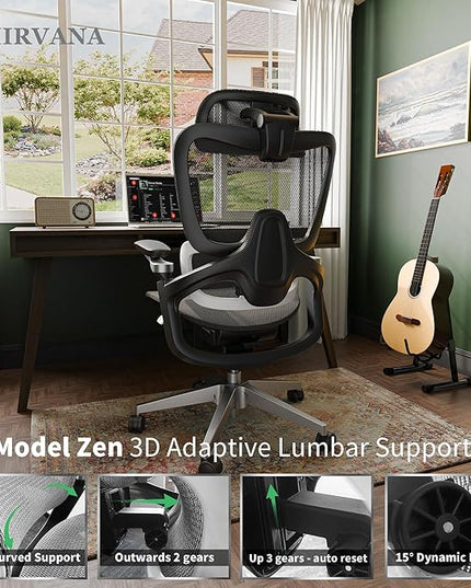 Ergonomic Office Chair with Adjustable 3D Lumbar Support, Big and Tall Mesh Home Desk Chair 5D Armrests, Executive Chair with 4D Headrest, 90-130°Tilt, BIFMA Certified, Model Zen (Grey)