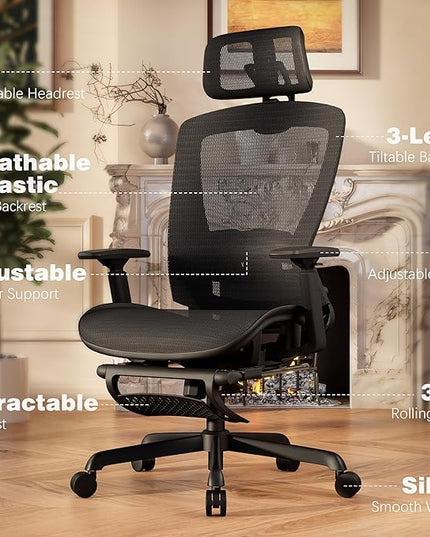 ELABEST T96E Ergonomic Mesh Office Chair with Adjustable Headrest & Footrest,Sturdy Computer Desk Chair - Adjustable Lumbar Support & Armrests,Comfort Wide Seat,Swivel Home Office Chair