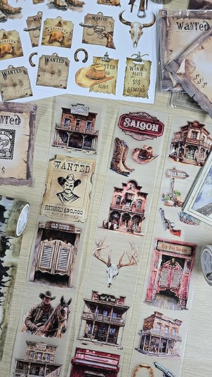 Wild West Transparent Vintage Washi Tape 5x5 cm x 100 cm – Decorative Scrapbooking Craft Adhesive Roll, Western Cowboy Art, Rustic Frontier Illustration for Journals, Planners, Cards & DIY Projects