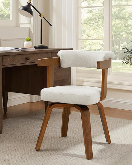 Fat Ant Office Chair No Wheels - Mid Century Modern Desk Chair, Fabric Upholstered Accent Arm Chair with Walnut Legs for Small Spaces Home Office Living Room Bedroom Study, Off White