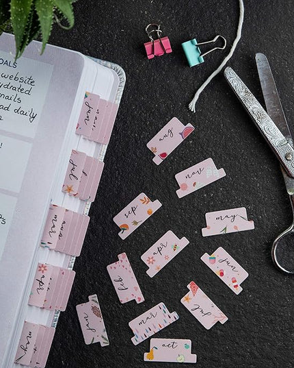 DiverseBee Laminated Planner - 24 Peel and Stick Tabs (12 Month, 12 Blank), Calendar Dividers (Rose)