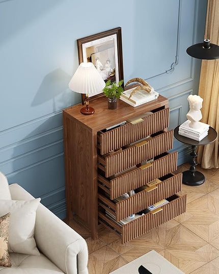 JZXSHD 43" 5 Drawer Dresser Tall Dresser Organizer TV Drawer Cabinet Modern Wood Storage Cabinet, Modern Wood Storage Cabinet for Bedroom, Hallway, Entryway, Walnut