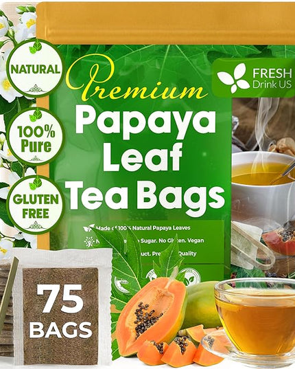 FreshDrinkUS, Premium 75 Papaya Leaf Tea Bags, 100% Natural & Pure from Papaya Leaves. Loose Leaf Herbal Tea. Made with Natural Material Tea Bags. No Sugar, No Caffeine, No Gluten, Vegan.