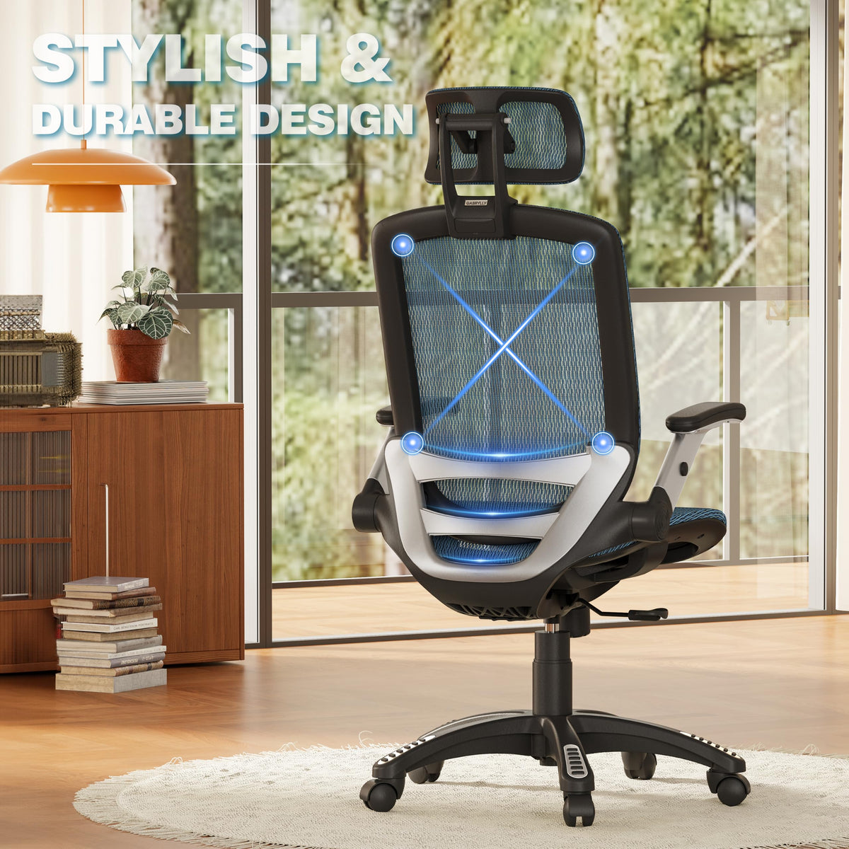 GABRYLLY Ergonomic Office Chair, High Back Home Desk Chair with 2D Flip-Up Arms, 3D Headrest, 90-120° Tilt and Wide Cushion, Big and Tall Mesh Chairs for Man Woman, Blue Computer Task Chair