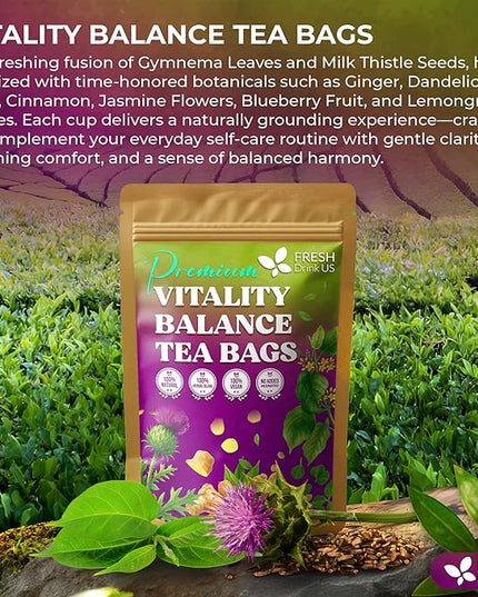 FreshDrinkUS, Vitality Balance Tea Bags | 30 Count | Herbal Blend with Gymnema, Milk Thistle Seed, Fenugreek, Dandelion Root, Ginger, Orange Peel & Other Herbs – 100% Natural, Caffeine-Free Herbal Tea