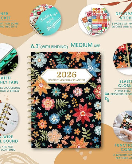 Ymumuda 2026 Planner, Daily Weekly and Monthly Planner，Jan 2026 - Dec 2026, 8.4" x 6.3", 2026 Calendar Planner Book with Tabs, Spiral Notebook with Inner Pocket for Office Home School Supplies