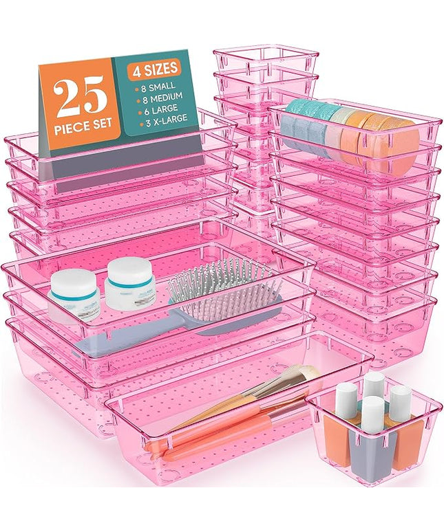WOWBOX 25 PCS Plastic Drawer Organizer Set, 4 Sizes Desk Drawer Divider Organizers and Storage Bins for Makeup, Jewelry, Gadgets for Kitchen, Bedroom, Bathroom, Office, Clear Pink
