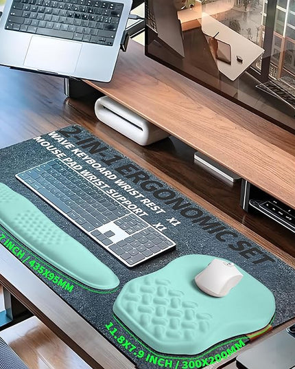 2-in-1 Ergonomic Set, Wave Keyboard Wrist Rest and Massage Slope Mouse Pad Wrist Support, Rebound Memory Foam for Relieve Carpal Tunnel Syndrome and Wrist Pain (Light Blue)