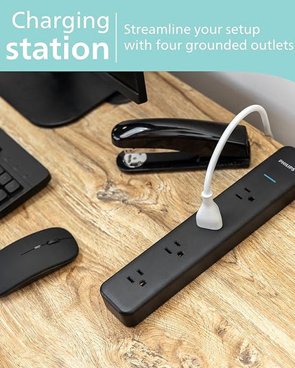 PHILIPS 4-Outlet Surge Protector Power Strip, 450J, Adapter-Spaced, 4ft Braided Cord, Outlet Extender, Extension Cord, for Home School or Office, Black, SPP3503B/37