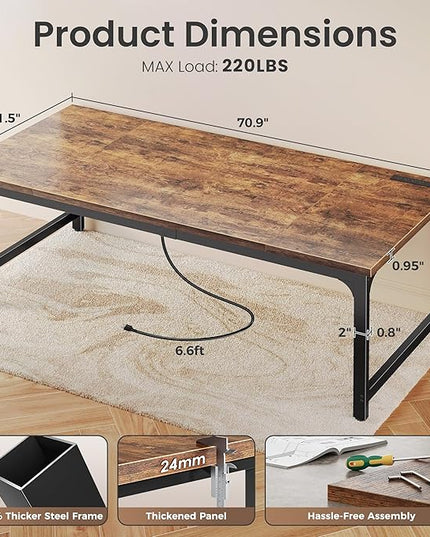 Huuger 71 x 31.5 Inch Desk with Power Outlets & USB-C, 0.95 Inch Thicker Desktop, Robust Metal Tubes, Deep Computer Desk, Heavy Duty Office Desk, Work Desk for Home Office, Rustic Brown
