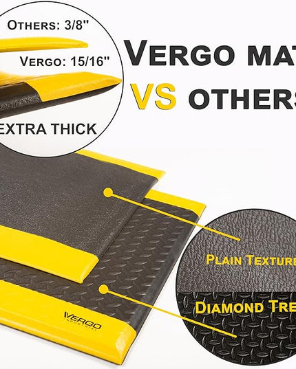 Vergo Industrial 15/16” Extra Thick Anti Fatigue Mat - Heavy Duty Commercial Grade Diamond Plate Ergonomic Standing, Non-Slip Black with Yellow Anti Fatigue Floor Mat for Work, Shop (2-Pack 2' x 3')