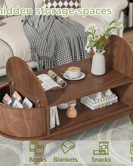 Coffee Table with Storage,Mid Century Modern Coffee Tables with 2 Flip-Top Hidden Lids,Fluted Coffee Table,Wood Center Tables for Living Room Home Office (Walnut Color)