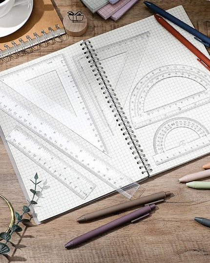 Tenare 6 Pcs Plastic Ruler Math Set Includes 12 Inch 6 Inch Straight Protractor Triangle Geometry Transparent Math Ruler Measuring Tools for School Office Home(Clear)