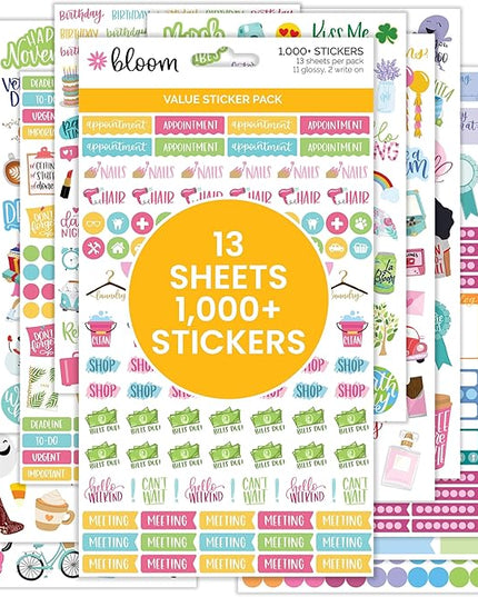 Bloom Daily Planners Planner Sticker Value Pack (13 Unique Sheets / 1,000+ Stickers) - New Variety Assortment Bundle for Planning & Decorating