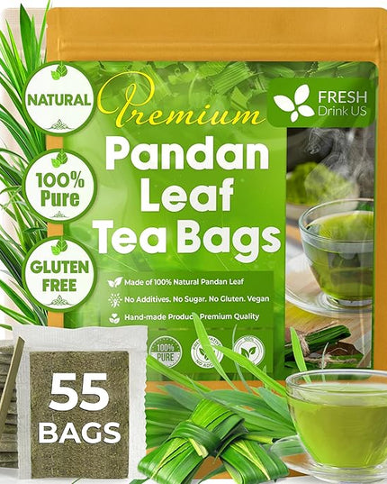 FreshDrinkUS, Premium 55 Pandan Leaf Tea Bags, 100% Natural & Pure from Pandan Leaves. Loose Leaf Pandan Herbal Tea. Made with Natural Material Tea Bags. No Sugar, No Caffeine, No Gluten, Vegan.