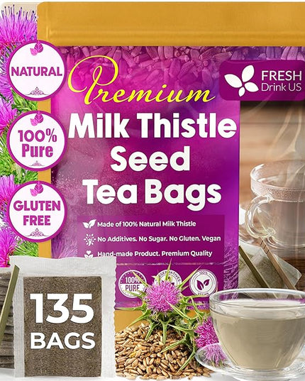 FreshDrinkUS, Premium 135 Milk Thistle Tea Bags, 100% Natural & Pure from Milk Thistle Seeds. Milk Thistle Seed Herbal Tea. Made with Natural Material Tea Bags. No Sugar, No Caffeine, No Gluten, Vegan.