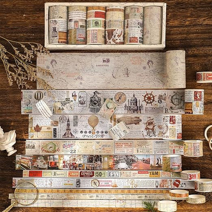 18 Rolls Vintage Washi Tape Set, Newspaper Building Map Retro Masking Tape 5/10/15/20/25/30/50/75mm Wide 6.56ft Long Decorative Scrapbook Tape for journaling, Scrapbooking Supplies, Junk Journal Craft