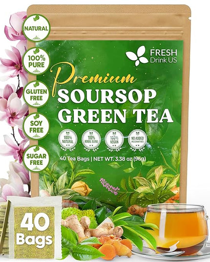 FreshDrinkUS, Premium 40 Tea Bags Soursop Green Tea, 100% Natural & Proprietary Blend from Soursop Leaves and Green Tea. Smooth Flavor. Made with Eco-Conscious Tea Bags. No Additives No Sugar, Vegan.