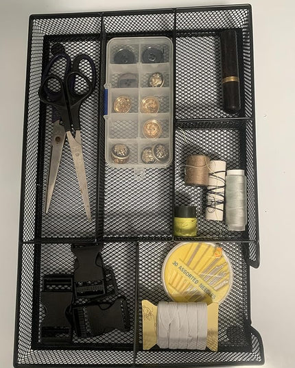 Desk Drawer Organizer tray, Mesh Drawer Organizer Tray for Office, School or Home Supplies Desktop Storage Stationery,bathroom,kitchen, 6 Compartments, 12.6 x 8.27 x 1.57 inch, Black