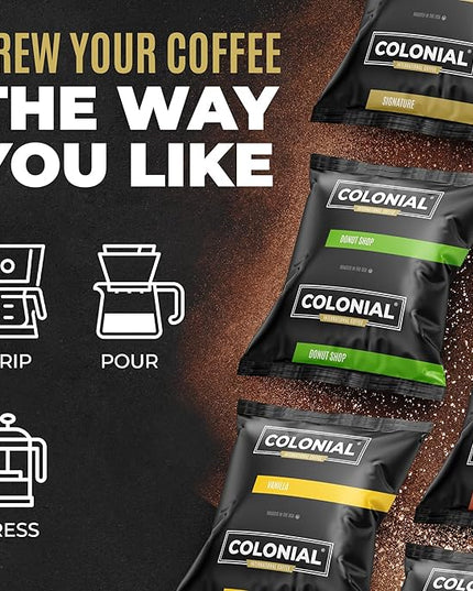 Colonial Coffee 12 Count Single Pot Coffee Packets – Assorted Variety Pack, Medium & Dark Roast Blends | Pre-Measured Frac Packs for 12 Cup Maker | Bulk Ground Gourmet Coffee for Home & Office