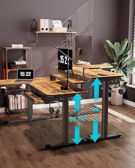 EUREKA ERGONOMIC Standing Desk with Keyboard Tray, Computer Desk, 61" L Shaped Electric Adjustable Height Desk w Monitor Stand LED, Corner Sit Stand Desk Gaming Desk, Dual Motor,Right/Rustic Brown
