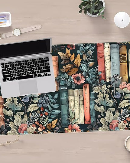 Floral Books Desk Mat Reading Desk Pad Mouse Mat XXL, Colorful Mouse Keyboard Pad Flower Bookshelf Desktop Mat, Long Computer Mats Aesthetic Desk Accessory Reader's Home Decor 31.5" x 15.7"