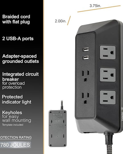 GE UltraPro Adapt 8-Outlet Surge Protector with USB Ports, 2 USB-A Ports, 2.4A, 3ft Braided Cord Power Strip Surge Protector, 1780 Joules, Black, 73776