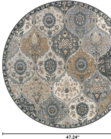 Lahome Moroccan Trellis Washable Round Rugs, Non-Slip Soft Round Rug 4ft Ultra-Thin, Small Vintage Circle Carpet for Entryway Kitchen Bedroom Nursery Bathroom, Grey