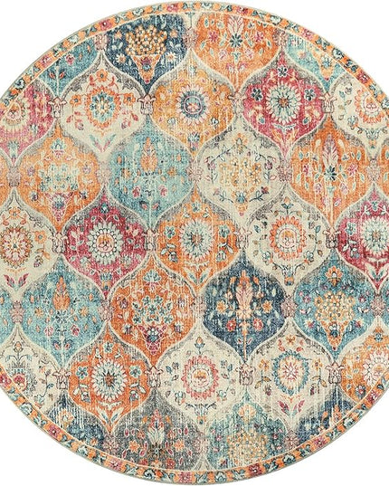 Lahome Moroccan Trellis Washable Round Area Rug, Round Rug 5ft Soft Non-Slip, Non-Shedding Distressed Circle Carpet for Bedroom Living Room Bathroom Nursery Kitchen, Cream/Multi