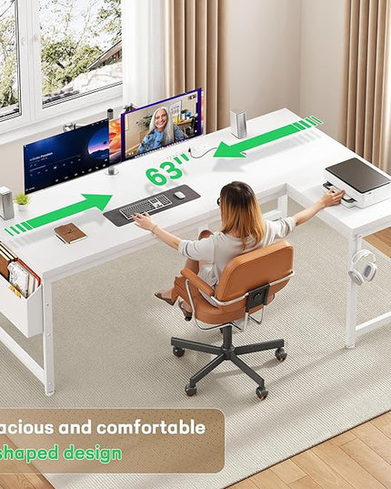 63 Inch L Shaped Desk with 0.95 Inch Thicker Desktop & Storage Bag, Computer Desk with Power Outlets & Lights, Reversible Desk for Home Office, Corner Desk, Study Room, Bedroom, White