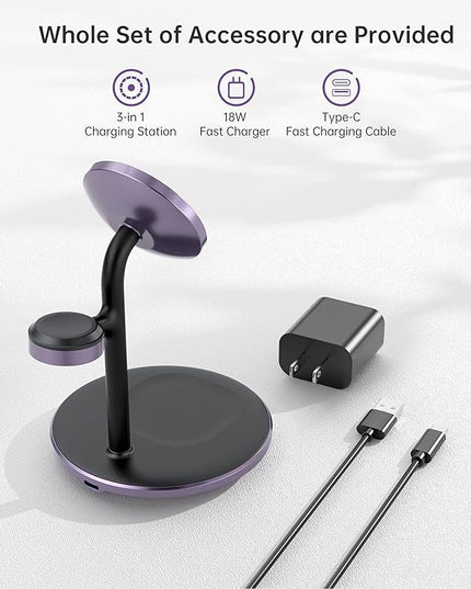XooFly 3 in 1 Wireless Charging Station for Apple Devices, Fast Wireless Mag-Safe Charger Stand with 20W Adapter for iPhone 17/16 15 14 13 12 Pro Max/Pro/Plus/Air/Mini, iWatch, AirPods(Dark Purple)