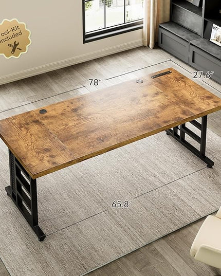 Coleshome 78 Inch Executive Desk with USB Ports, Large Computer Desk with Extra Thick, Long Mordern Office Desk, Workstation Business Furniture for Home Office, Vintage