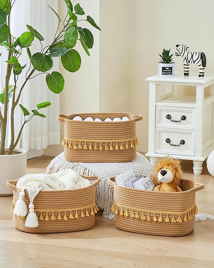 Storage Bins Woven Baskets for Storage Set of 3, Cotton Rope Basket with Handles for Toys/Shelves/Laundry, Rectangle Multi-Purpose Organizer for Living Room, Bedroom, Nursery (Brown)