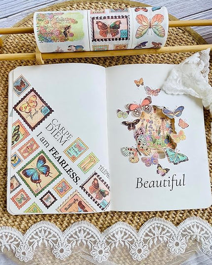 WT Stamped Wings Washi Tape Sticker Set – 3 Rolls Decorative Butterfly & Wing Washi Sticker Tape, Vintage Adhesive Tape for Journaling, Scrapbooking, Planner, DIY Crafts & Wrapping (40mm, 50mm, 60mm)