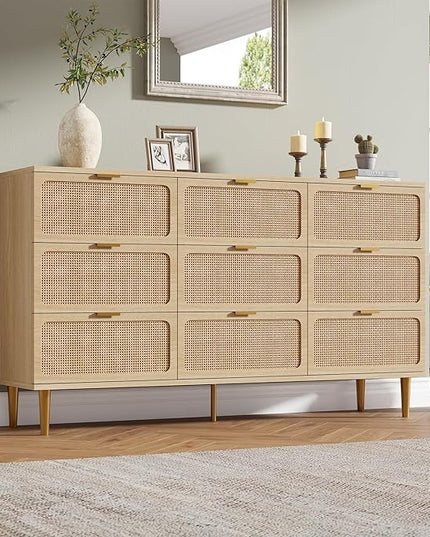 Garvee Rattan Dresser with 9 Drawers, Tall Modern Closet with Deep Storage, Large Chest of Drawers with Wide Top, Long Wooden Dresser for Bedroom, Living Room, Hallway, Kids Room, Natural