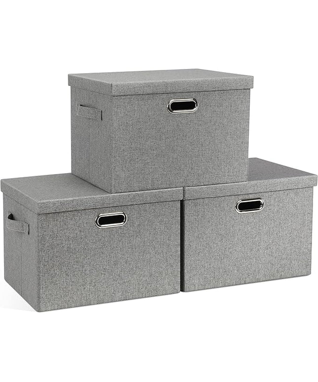 Large 17" 36 Quart Collapsible Stackable Storage Bins with Lids, 3 Packs Grey Linen Fabric Closet Boxes with Lids, Storage Cube Baskets Container Organizers for Bedroom Office(17 x12 x11)