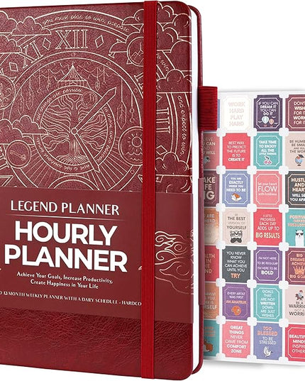 Legend Planner Hourly Schedule Edition – Deluxe Weekly & Daily Organizer with Time Slots. Time Management Appointment Book Journal for Work & Personal Life, Undated, A5 Hardcover – Wine Red, Gold Foil
