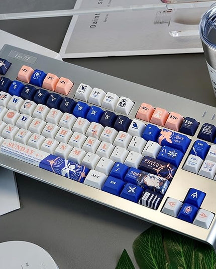 PBT Material Keycaps 130 Keys，Japanese Anime Style Keycaps Cherry Profile Dye Sublimation Keycap Blue White Custom Key Cap Set for Mechanical Keyboard 61/64/75/84/87/104/108 Layout