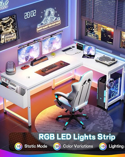 L Shaped Desk with 0.95 Inch Thicker Desktop & Storage Bag, Computer Desk with Power Outlets & Lights, Reversible Gaming Desk for Home Office, Corner Desk, Study Room, Living, Bedroom, White