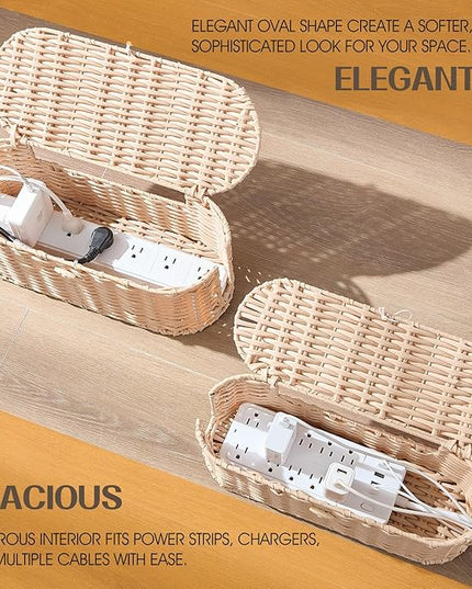 FairyHaus Cable Management Box 2Pack Cream, Handwoven Large and Small Cable Organizer Box Cover to Hide Cords and Power Strip, Imitation Wicker Cord Organizer Box Hider for Office Desk and Floor