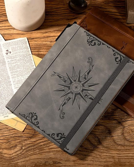 CAGIE Compass Leather Notebook Journal for Men, 100 GSM 288 Pages Lined Journals for Writing, A5 Hardcover Journaling Notebooks Gift Set with Pen for Travel Office Daily Writing