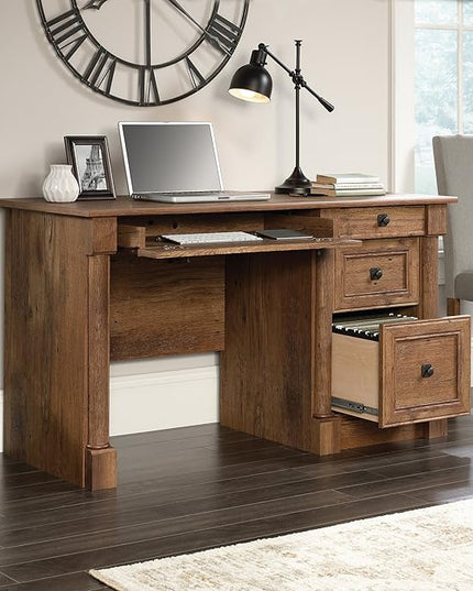 Sauder Palladia Computer Desk with Drawers, Home Office Desk with File Cabinet Storage Drawer, Cable Management, Keyboard Tray, in Vintage Oak finish