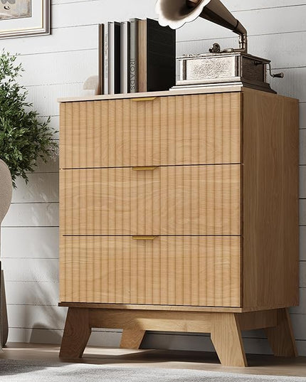 BORNOON Fluted 3 Drawer Dresser, 30.3" Tall Compact Modern Boho Chest of Drawers, Wooden Storage Cabinet for Bedroom, Living Room, Entryway, Curved Profile Design