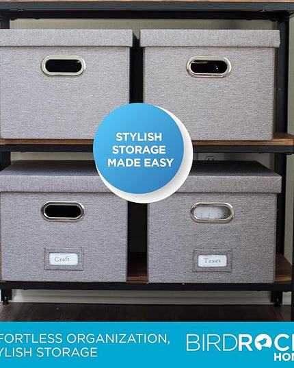 Internet's Best Collapsible File Storage Organizer with Lid - Decorative Linen Filing & Storage Office Box – Hanging Letter/Legal Folder – Home Office Bins Cabinet – Grey Container - 4 Pack