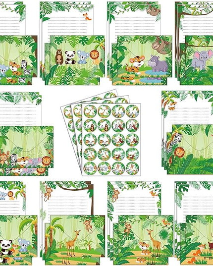 TaoBary 160 Pcs Stationery Paper Set 50 Double Sided Stationery Papers with 50 Matching Envelopes and 60 Round Dot Sticker, 10 Design(Safari Animal,5.5 x 8.25 Inch)