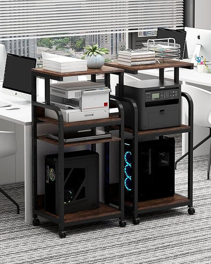 4-Tier Printer Stand with Adjustable Storage Shelf, Large Tall Printer Table with Wheels for Home Office Small Spaces Organization, Rustic Brown
