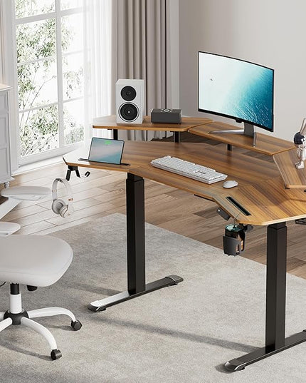EUREKA ERGONOMIC Standing Gaming Desk with Dual Motor,63" Wing Shaped Computer Desk w Mouse Pad, Electric Adjustable Height Table w LED Monitor Stands,Slot Design,Walnut