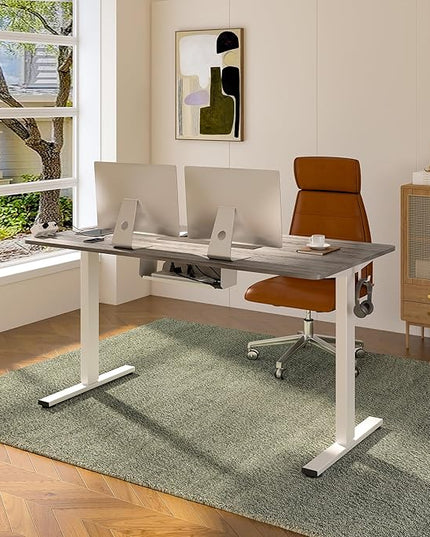 FLEXISPOT EN2 Whole-Piece Standing Desk with Clamp Power Strip, 60 x 24 Electric Stand Up Height Adjustable Desk with Cable Management (White Frame + 60" Gray Wood Grain Desktop, 2 Packages)